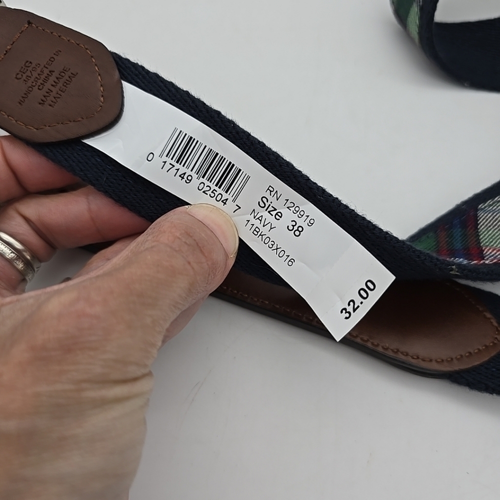 CEG Men Blue Green Striped Belt Size 38 Leather & Canvas NEW - Picture 5 of 11